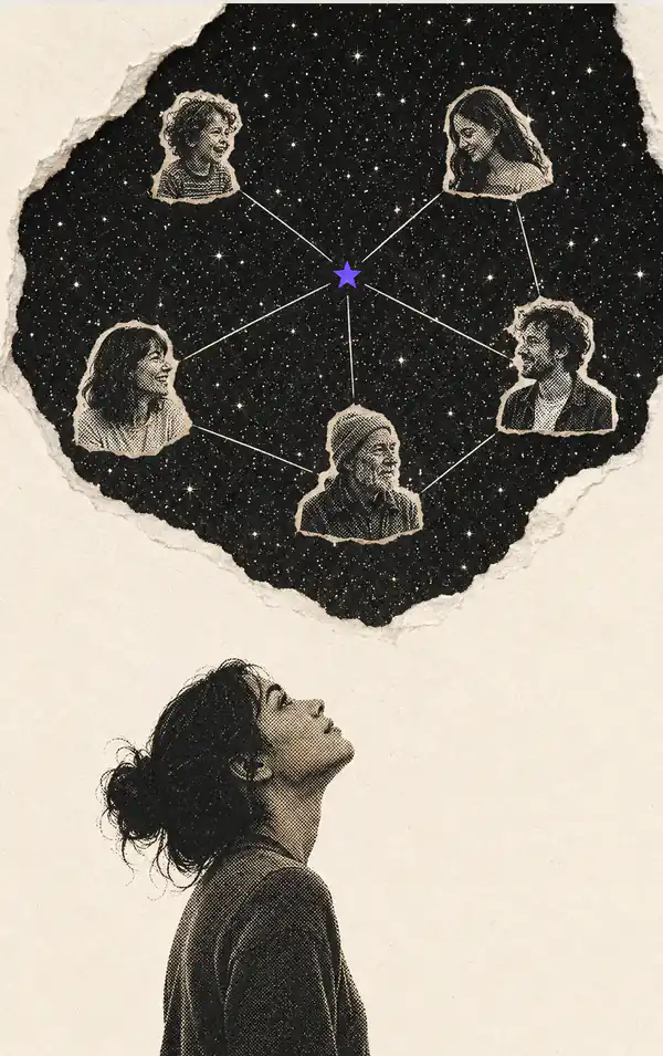 Paper collage: a woman looks up at a torn-paper window of night sky where halftone portraits join into a constellation around a violet star