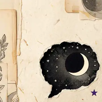 Torn-paper speech bubble opening onto a starry sky with a crescent moon