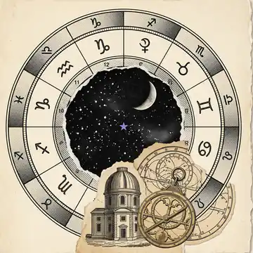 Ink natal chart wheel with its center torn open to a starry sky
