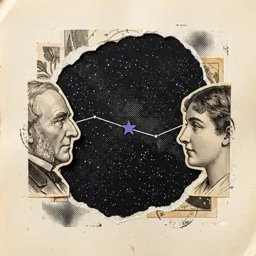 Two engraved portrait profiles joined by a constellation line with a violet star