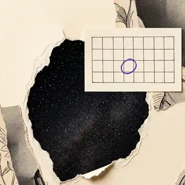 Paper calendar collaged over a torn starry-sky window, one day circled in violet