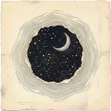 Crescent moon in a torn starry window with engraved sound waves radiating