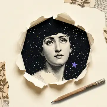 Engraved portrait emerging from a torn paper hole onto a starry sky, pencil below