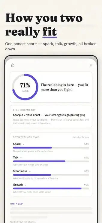 MoonQ compatibility result with a match score and honest breakdown