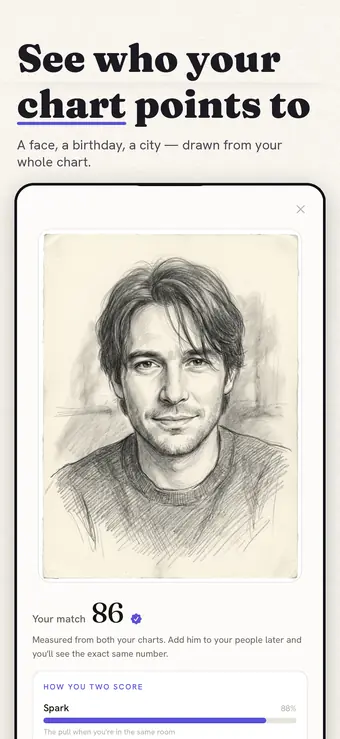 The MoonQ soulmate dossier with a drawn portrait and a match score